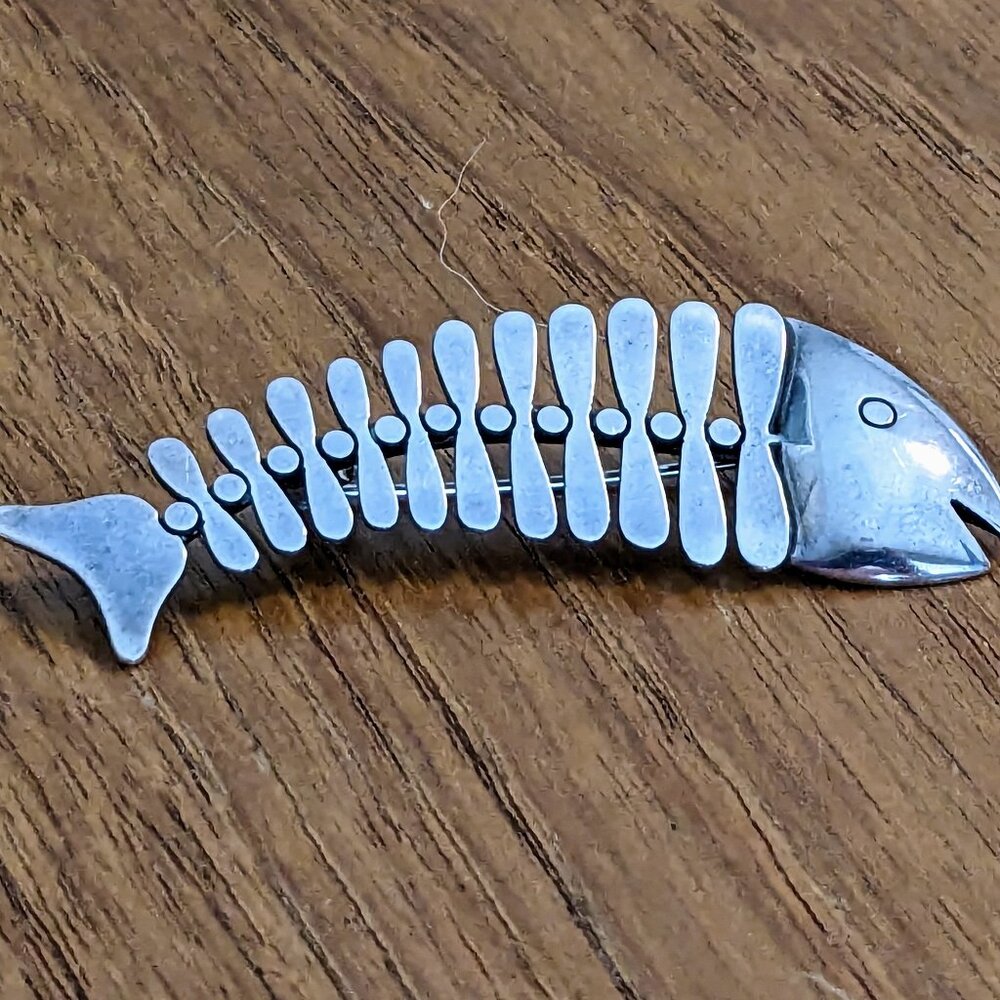 Stunning Vintage Mexican 925 Silver FISH SKELETON Pin Brooch - Eagle 3 Mark